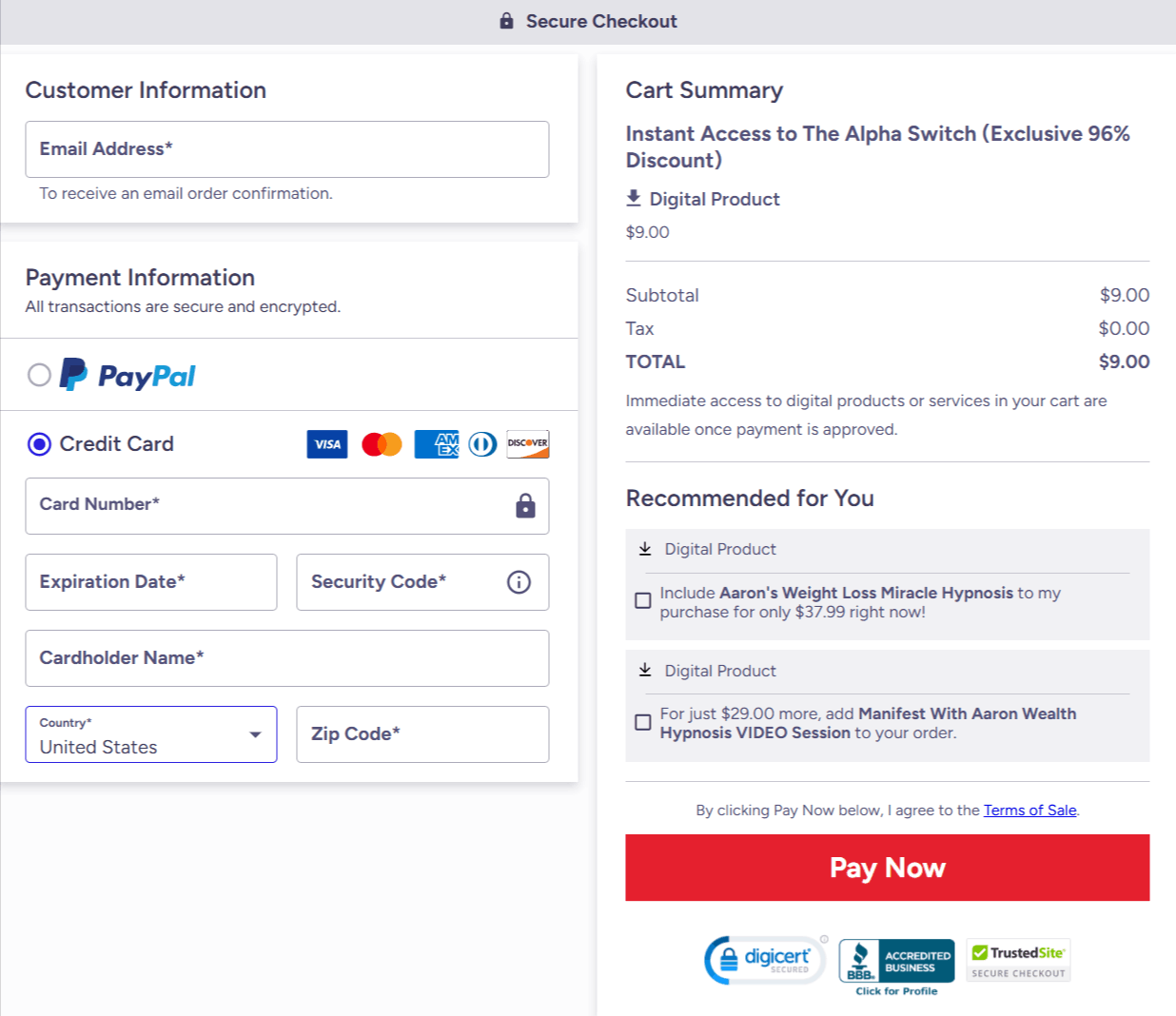 The Alpha Switch checkout page